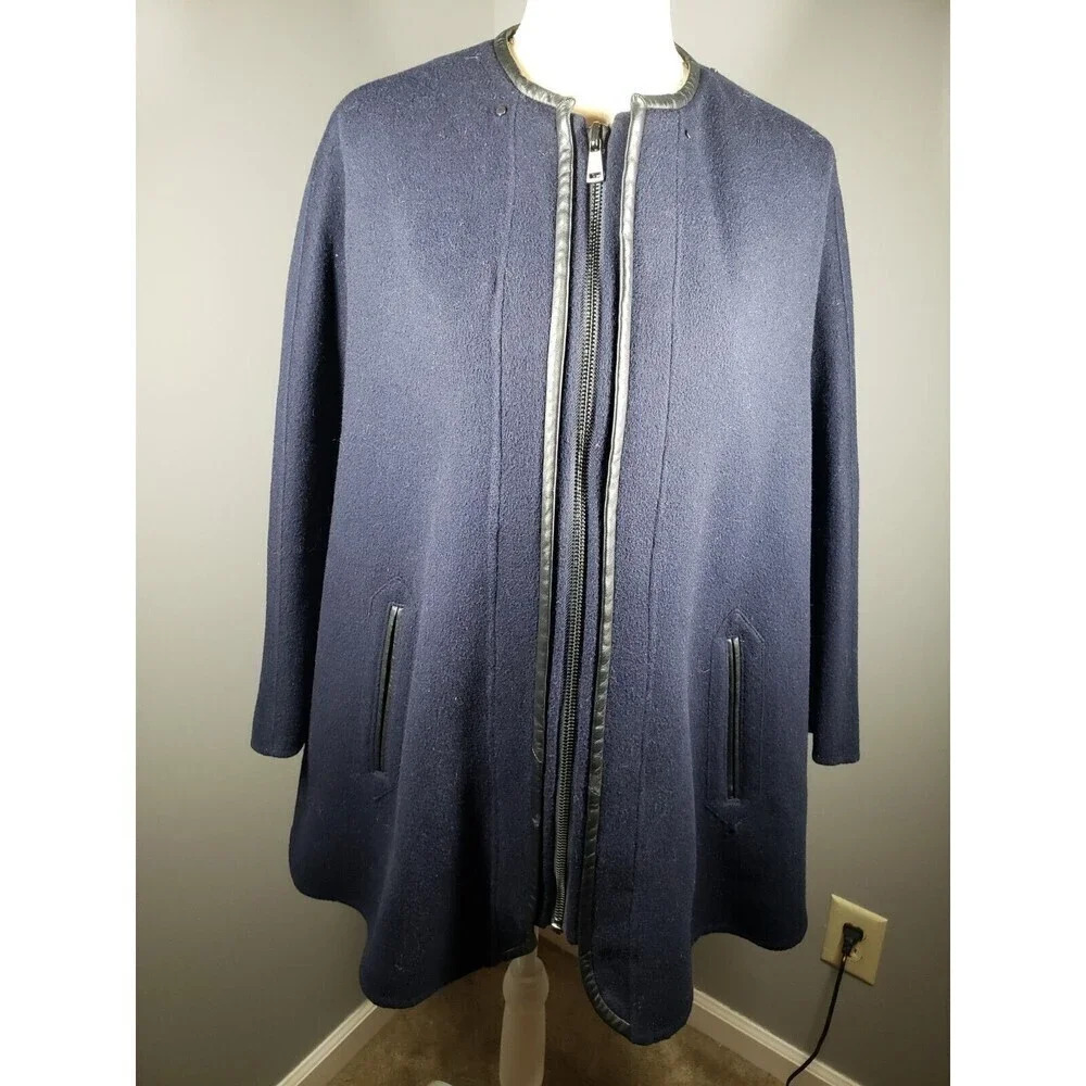Vince Women's Wool Blend Cape With Leather Trim Size M/L Navy